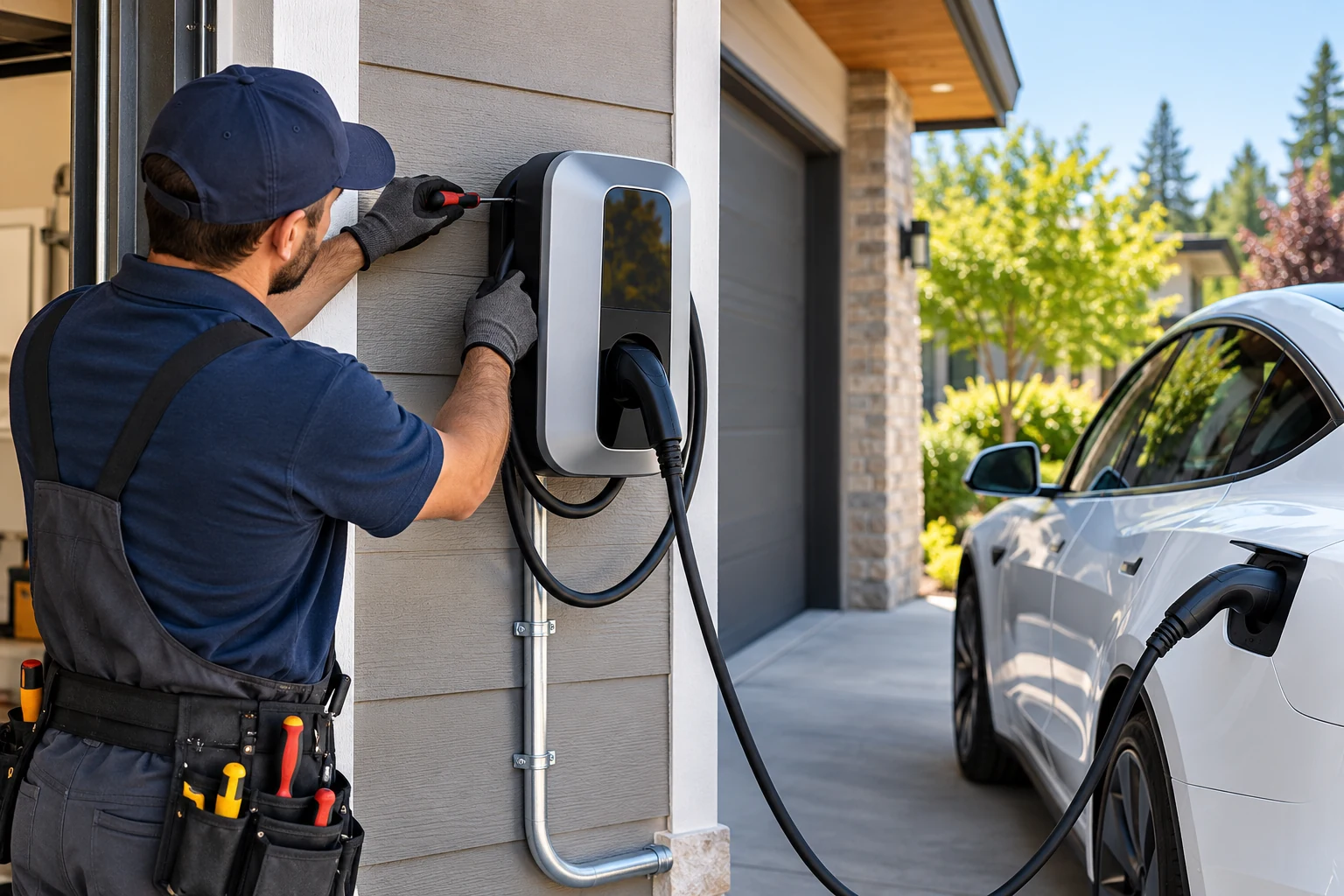 Professional Electrician Installing EV Charging Station in Spokane