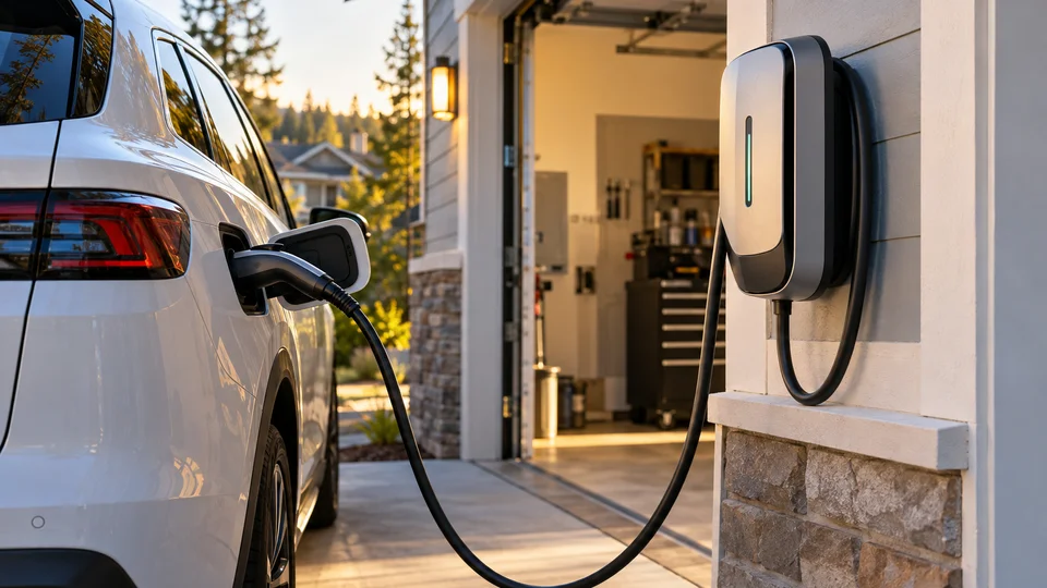 Modern electrical panel in residential garage workshop for EV charging